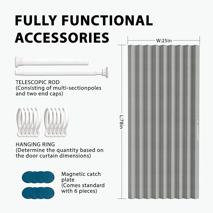 Jilron Accordion Door Curtain Set - 100% Blackout, with Curtain Rod Included, for Bedroom Privacy Protection (Grey-43 W x 78" L+Rod)