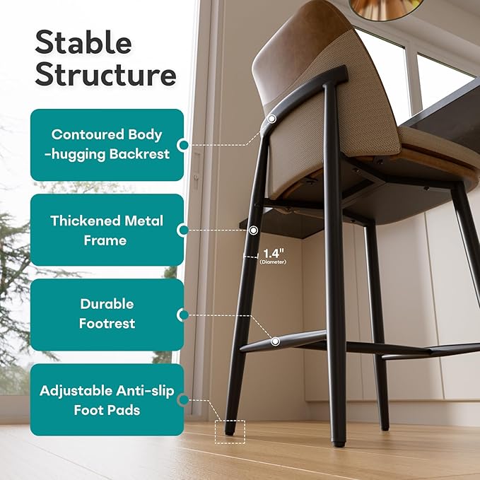 GXJ Bar Stools Set of 4, Upholstered Counter Height Bar Stools, 26 Inch Modern Counter Stools with Back, Textured Leather&Fabric, Metal Legs,Barstools for Kitchen Island Dining Room, Brown