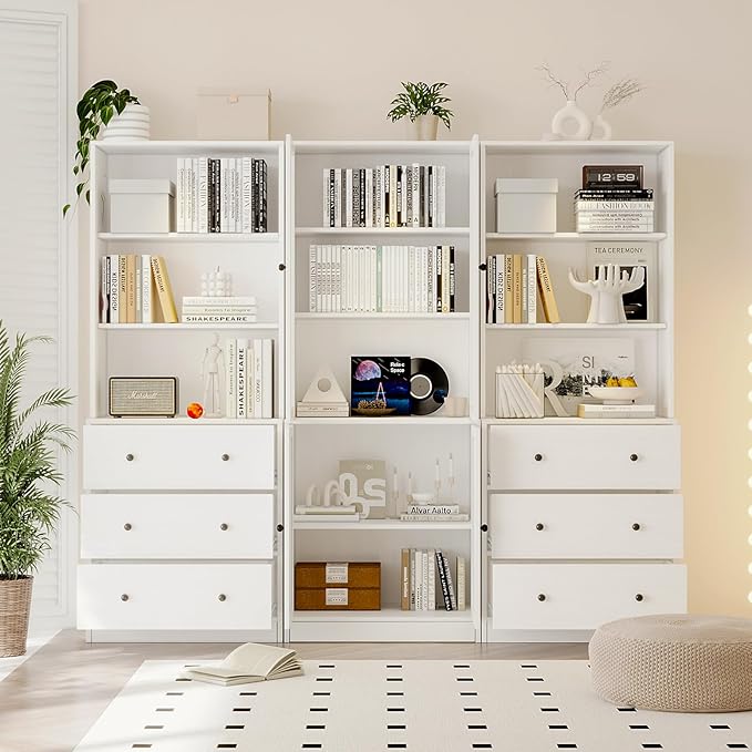 TUSY 71" H Bookshelf with Storage, 6-Tier Modern Bookshelves with 3 Large Drawer, Display Bookcase with Glass Doors, Modern 5-Tier Curio Cabinet for Home Office, Dining Room (White, ABA)