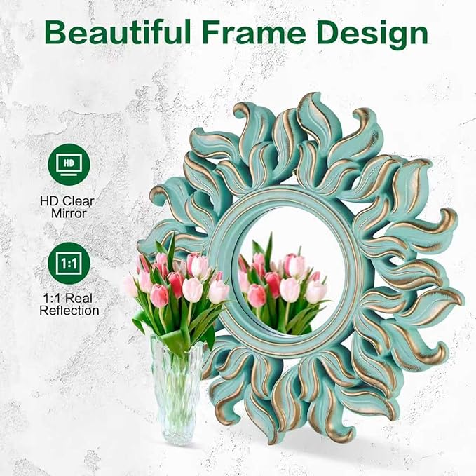 10''x10'' Round Wall Mirror, Green Circle Mirror for Bedroom, Entryway, Living Room, Decorative Modern Wall Decor