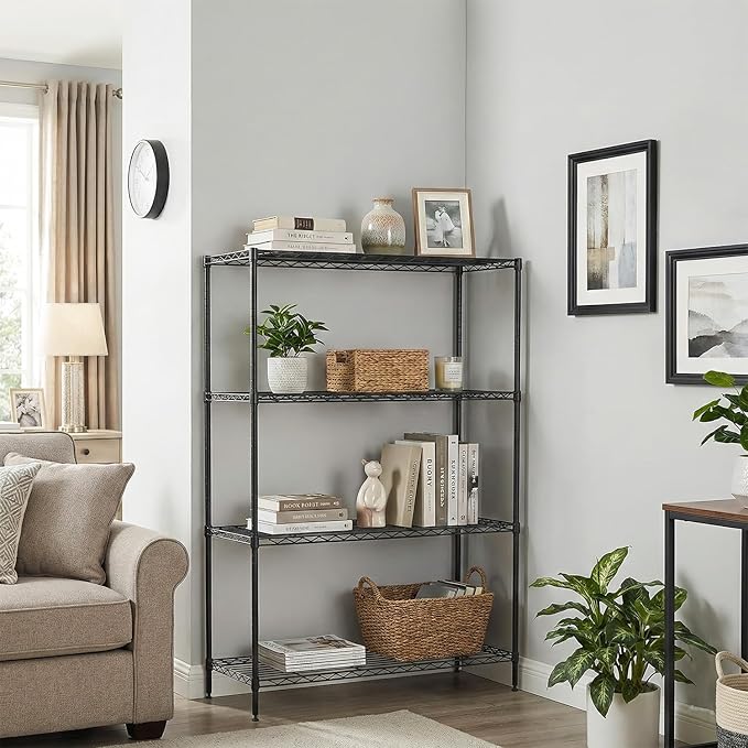 BestOffice 4-Tier Wire Shelving Unit, 800 LBS Heavy Duty Metal Storage Shelves, Adjustable Wire Shelf for Garage, Kitchen, Pantry, Utility Shelving Rack with Leveling Feet, Black
