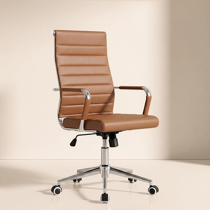 Okeysen Office Desk Chair, Ergonomic Leather Modern Conference Room Chairs, Executive Ribbed Height Adjustable Swivel Rolling Chair for Home Office. (Brown)