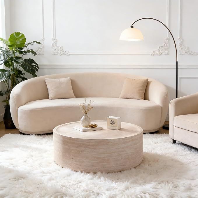 Round Coffee Table in Faux Marble, 31.5" W × 12" H Stone Coffee Tables for Living Room, Modern Drum Center MDF Vintage Design Low, Office, Apartment No Assembly Required Beige Mars