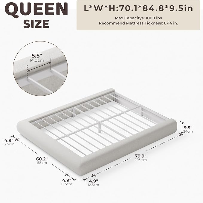 RECCI AirFrame Half-Moon Upholstered Queen Platform Bed Frame, Boucle Curved Arched Base, 5 Inch Fully Round Cushioned Foam, No Box Spring Needed, Easy Assembly | Round Shaped, Boucle, Low-profile, Soft