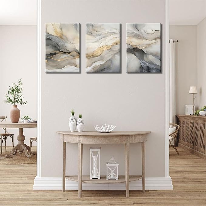 White and Grey Canvas Wall Art Set of 3 Abstract Beige Gold Marble Fluid Wall Decor Pictures Neutral Modern Minimalist Posters Prints for Living Room Bedroom Home Decoration 12x16in