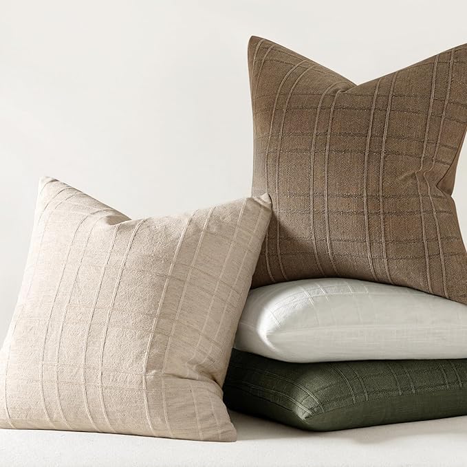 MIULEE Decorative Linen Check Throw Pillow Covers Neutral Farmhouse Vintage Pillow Covers 16x16 Set of 2 Boho Modern Home Decor for Sofa Couch Bedroom Cushion Natural Beige
