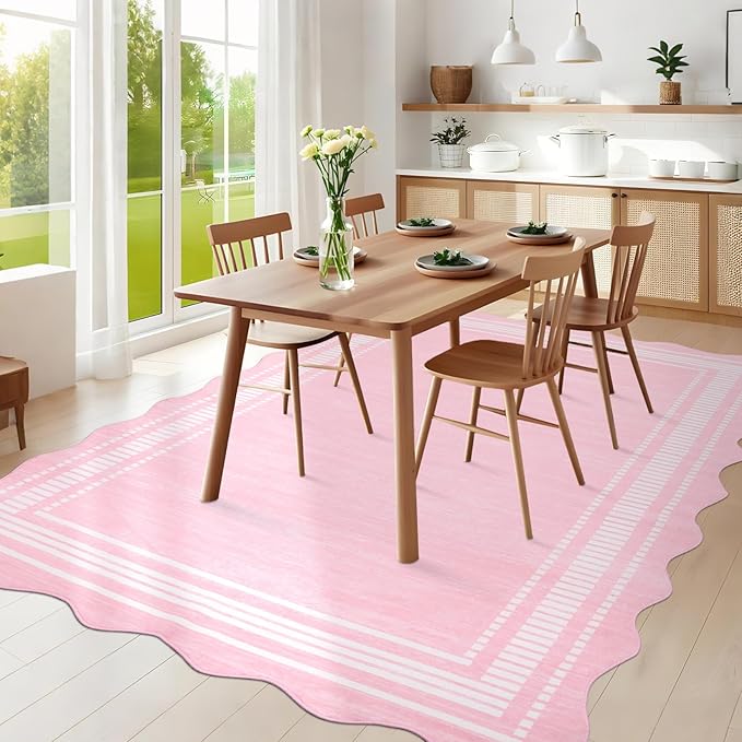 Garvee Modern Scalloped Rug 9x12 Washable Rugs for Living Room, Non-Slip Non-Shedding Faux Wool Soft Carpet, Minimalist Solid Neutral Large Floor Mats for Home Office Decor, Pink