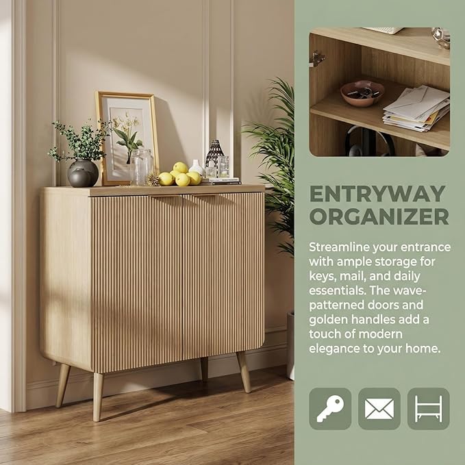 29.5" Modern Fluted Sideboard Cabinet with 2 Doors, Wood Storage Credenza with Shelves, Multi-Purpose Buffet Cabinet for Entryway, Dining & Living Room, Natural Wood
