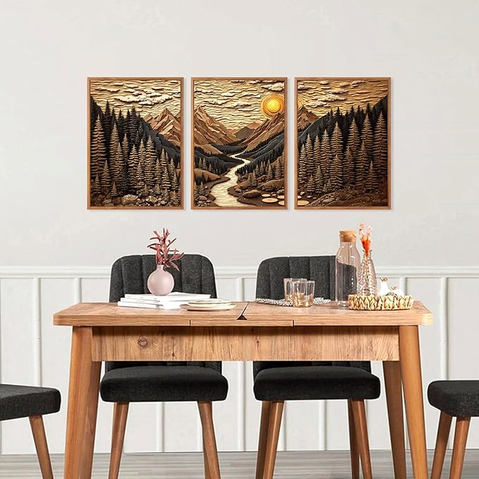 HPINUB Abstract Landscape Mountain Canvas Wall Art Set, Vibrant Sun Forest Pine Tree Wall Decor, Wilderness Nature River Rustic Scenery Art Print for Living Room,Bedroom,Office(Set of 3,12X16 Inch)