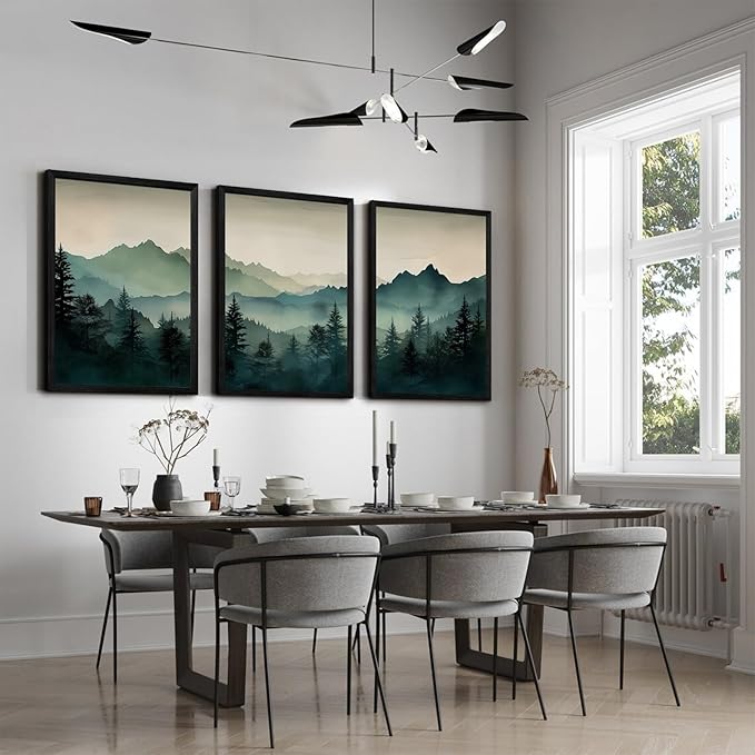 Mountain Wall Art Decor Set of 3 Sage Green Forest Canvas Wall Art Prints Nature Landscape Wall Decor Watercolor Pine Tree Pictures Abstract Modern Painting for Living Room Bedroom 12x16 Inch Framed