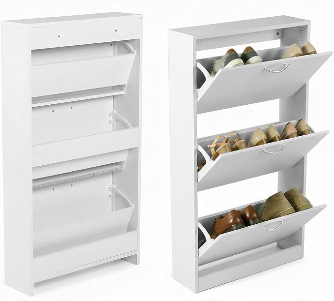 HOPUBUY Shoe Cabinet for Entryway, White Narrow Shoe Storage Cabinet with 3 Flip Drawers, Wood Slim Shoe Rack, 3 Tier Thin Shoe Organizer for Home and Apartment