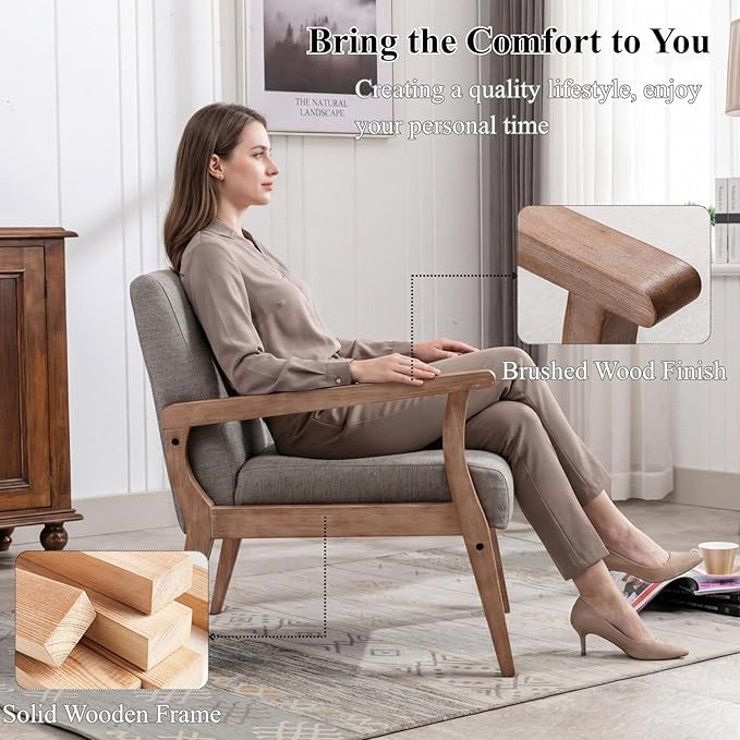 BESTANO Mid Century Modern Accent Chair Set of 2, Linen Upholstered Living Room Accent Armchair with Wood Frame, Farmhouse Chair for Living Room Bedroom, Gray