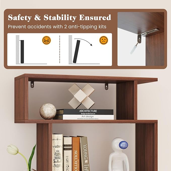 Giantex 6-Tier Geometric Bookshelf Set of 2, S-Shaped Bookcase with 2 Anti-Tipping Kits, Wooden Display Shelf, Decorative Storage Shelving Unit, Home Storage Organizer for Office Living Room, Walnut