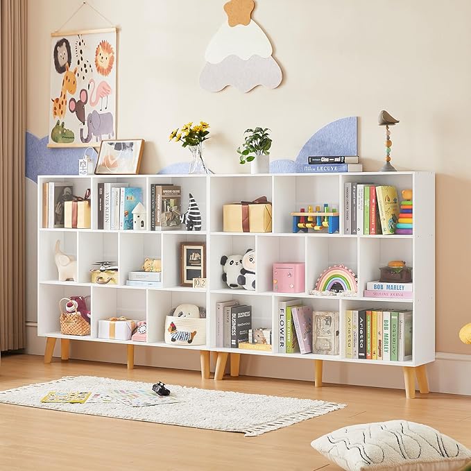 LEYAOYAO 10 Cube Bookshelf, 3 Tier Vintage 55" Wide Bookcase with Legs, Mid-Century Wood Bookshelves Storage, White Large Book Case, Freestanding Organizer Display Shelf for Living Room, Office