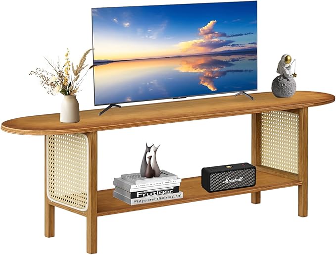Bamboo TV Stand for TVs up to 65", Accent Entertainment Center with Storage, Media Console Table with Rattan, Modern TV Stand for Living Room, Bedroom, 55"(L), Walnut