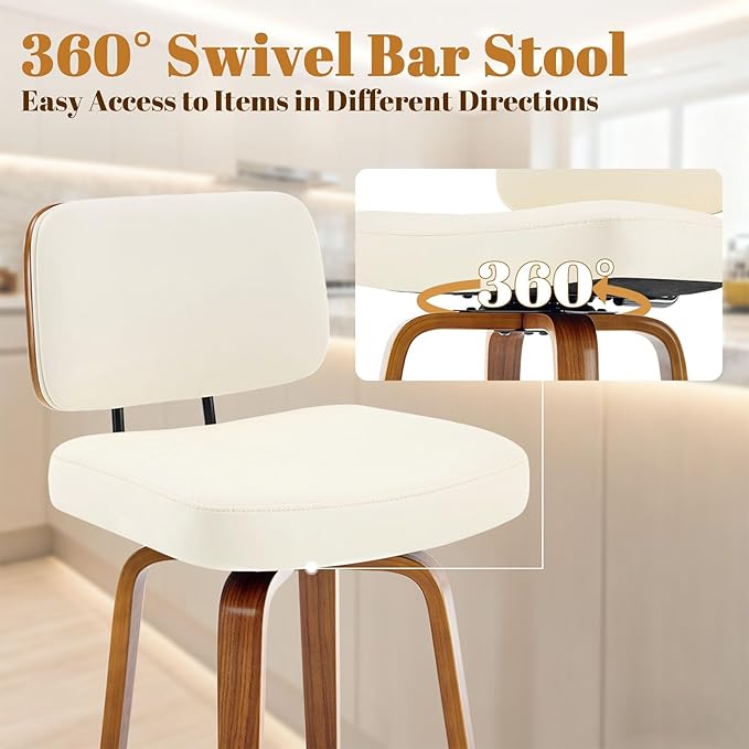 Counter Height Bar Stools Set of 4, 26+inch Swivel Faux Leather Barstool with Back, Upholstered Mid-Century Modern Bar Chairs with Bent Wood Legs for Kitchen Counter, Dining Room, Cream White