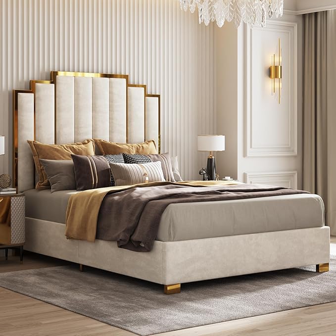 AMERLIFE Queen Size Upholstered Bed, Modern Velvet Bed Frame with 61.4” Tall Gold Trim Headboard, No Box Spring Needed, Cream