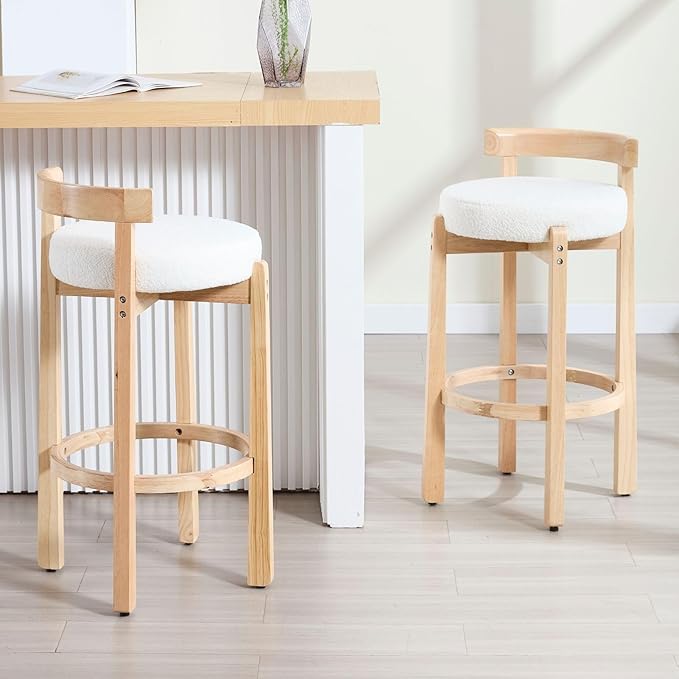 LukeAlon Mid Century Sherpa Bar Stools Set of 4, 30.25" Seat Height Upholstered Barstools with Wood Legs Modern Tall Bar Chair with Curved Low Back Round Footrest for Pub Home Kitchen Island, White
