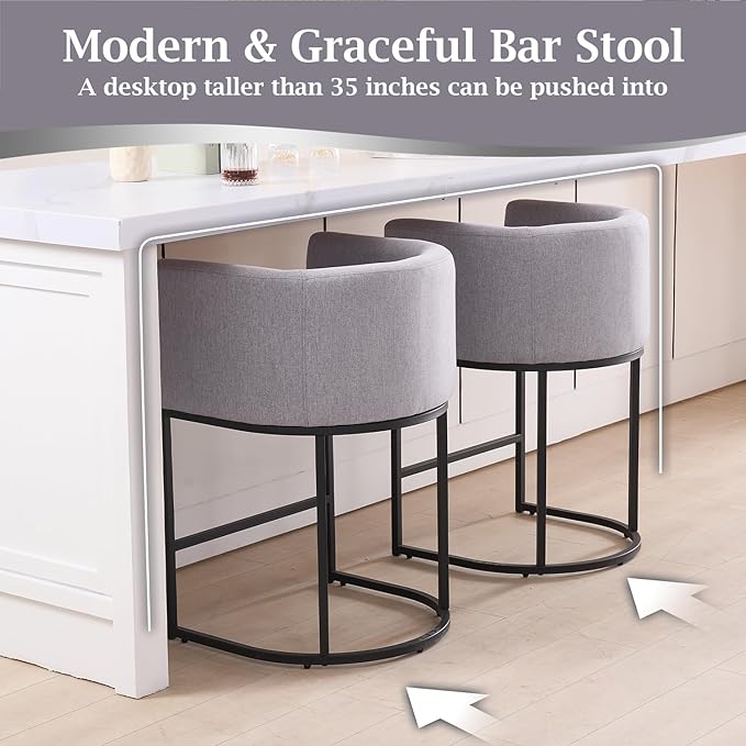 ClinQ 26" H Counter Height Bar Stools Set of 4, Modern Barrel Counter Stools with Backrest and Arms, Black Metal Frames, Linen Fabric Upholstered Accent Barstools for Kitchen Island, Light Grey