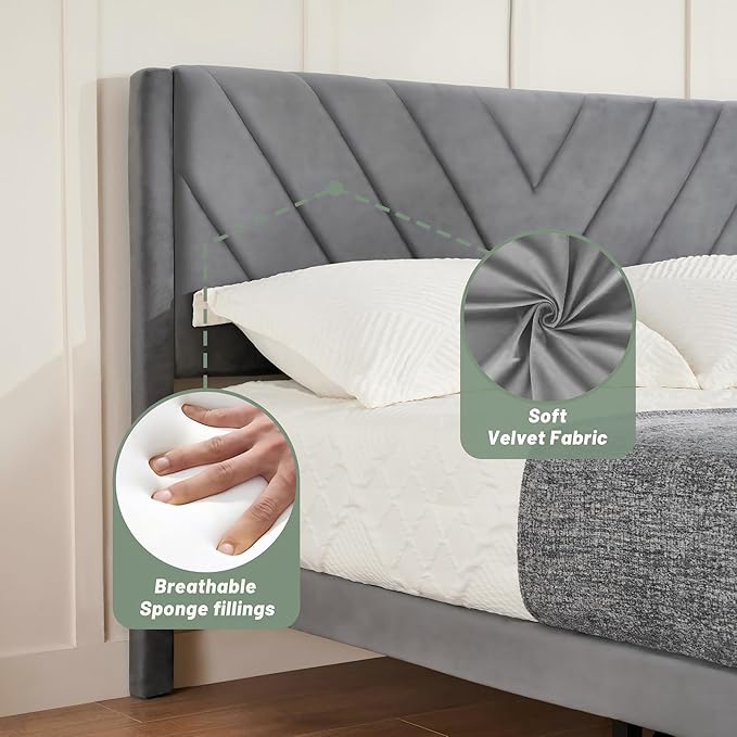 Queen Bed Frame with Headboard, Bed Frame Queen Size with Sturdy Wooden Slats Support, Platform Bed Frame with Velvet Upholstered Headboard, Mattress Foundation, Easy Assembly, No Box Spring Needed