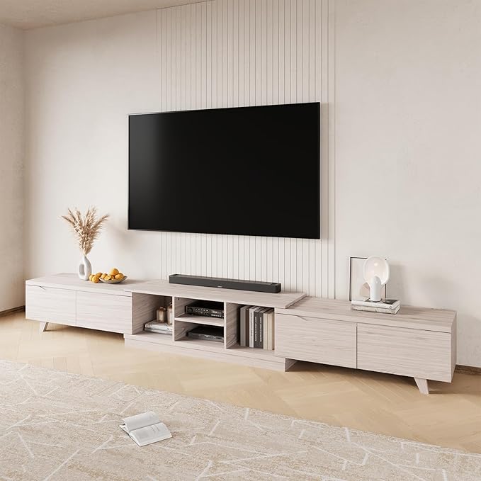 MEISSALIVVE Extendable TV Stand for Up to 120 Inch TV, Modern Entertainment Center with 4 Drawers & 2 Storage Compartments, Adjustable Length (95"-121"), TV Consoles for Living Room & Bedroom (White)