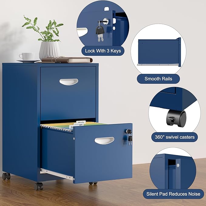 SteeLoong 2 Drawer File Cabinet with Lock,Blue Rolling File Cabinet for Home Office,Printer Stand, Metal Small Mobile Filing Cabinets on Wheels for Hanging Letter