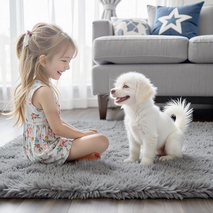 Area Rugs 9x12 Living Room, Large Area Rug Shag Shaggy Carpet Soft Plush Furry Bedside Rug, Machine Washable Area Rugs for Bedroom Kids Girls Boys Home Decor Anti Slip(9 x 12, Light Grey)