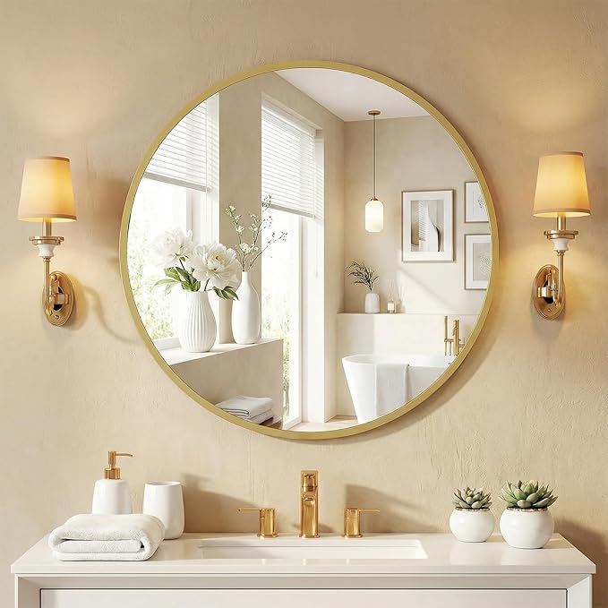 NEWBULIG 20 Inch Round Wall Mirror, Bathroom Mirror for Over Sink, Matte Metal Framed Circle Vanity Mirror, Wall Decor for Bedroom, Entryway, Anti-Rust, Tempered Glass, Hanging or Leaning, Gold