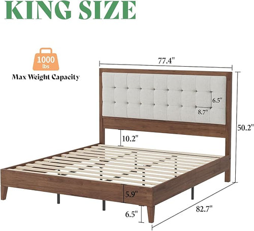 AMERLIFE King Size Bed Frame and Headboard, Solid Wooden Bed Frame King Size Platform Bed Frame Mid-Century Style, No Box Spring Required, Walnut | Noise-Free, Sturdy Frame, Easy Care, Back Support, Breathable Material