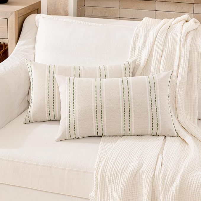 Hckot Spring Throw Pillow Covers 12x20 Set of 2 Grass Green Pillow Covers Farmhouse Decorative Pillows Textured Linen Square Cushion Covers for Sofa Couch Bed Living Room Decor(Grass Green)