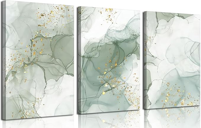 Sage Green Canvas Wall Art Set of 3 Abstract Green Gold Marble Line Wall Decor Pictures Neutral Modern Minimalist Posters Prints for Living Room Bedroom Home Decoration 16x24in