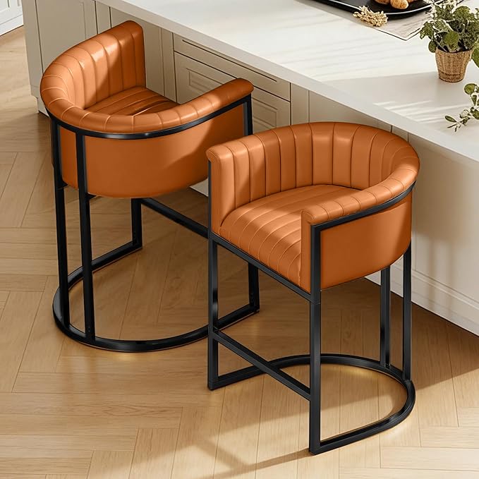 Modern Counter Height Bar Stools,Bar Stools Set of 2,PU Leather Upholstered Barrel Barstools with Backs and Arms,26" Kitchen Island Chairs,Metal Black Frames,Camel Brown Leather