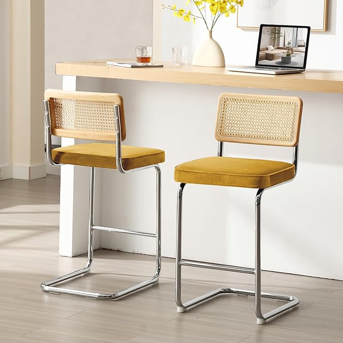 Zesthouse Natural Rattan Counter Stools Set of 4, 26" Modern Bar Stools with Solid Wood Back & Chrome Base, Yellow Velvet Counter Height Barstools, Mid Century Cantilever High Chair for Kitchen Island