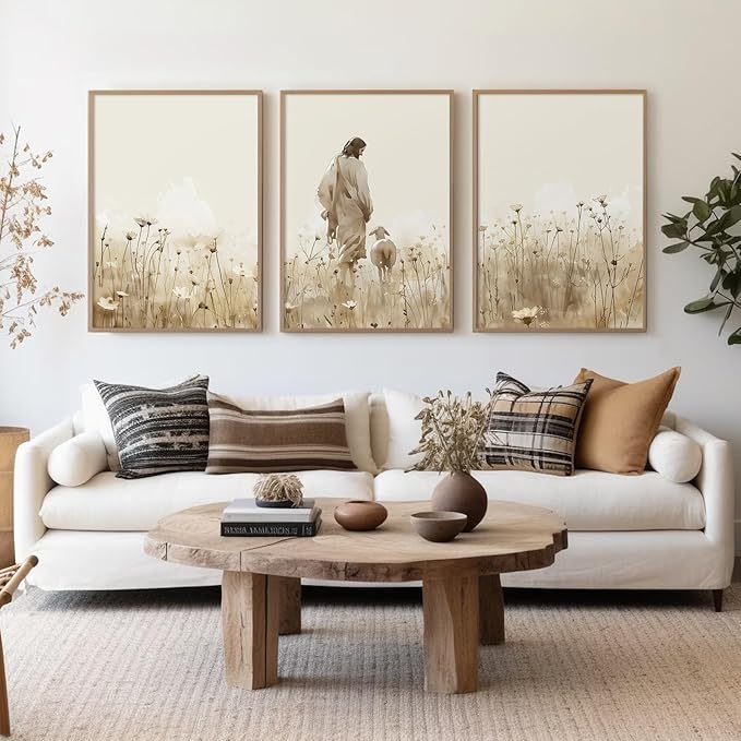 Jesus Leaves the 99 Sheep Wall Art Christian Canvas Poster Jesus and Lamb Wall Decor Religious Pictures Lost Sheep Painting God Christ Painting Artwork for Bedroom Living Room 12x16x3 Inch Unframed