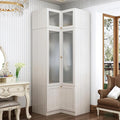 MOUMON 86.6" L-Shaped Corner Wardrobe with Frosted Glass Doors, Armoire Closet with Hanging Rod, Top Storage, Space-Saving, Light Oak 35.4”W x 35.4”D x 86.6”H
