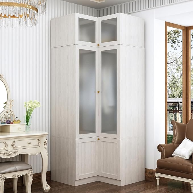 MOUMON 86.6" L-Shaped Corner Wardrobe with Frosted Glass Doors, Armoire Closet with Hanging Rod, Top Storage, Space-Saving, Light Oak 35.4”W x 35.4”D x 86.6”H