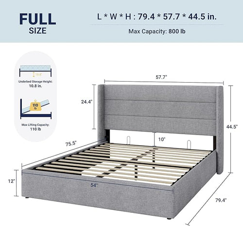 Allewie Full Size Lift Up Storage Bed, Modern Wingback Headboard, Hydraulic Support, No Box Spring Needed, Light Grey