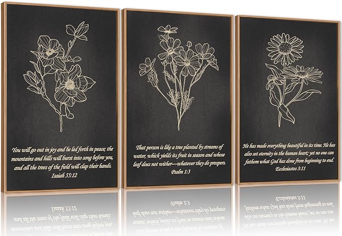 FWIEXA Black Christian Bible Verse Canvas Wall Art Set of 3, Easter Minimalist Scripture Wall Decor, Religious Beige Abstract Floral Painting, 16x24In Vintage Artwork for Living Room,Bedroom,Prayer Room