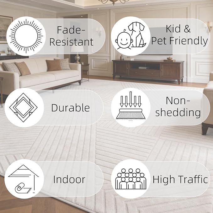 5x7 Solid Color Area Rugs, Washable Beige Modern Geometric Living Room Rug, Durable Non-Slip Soft High-Low Pile Carpet, Fluffy Floor Rugs for Bedroom, Kids Room, Nursery, Home Décor
