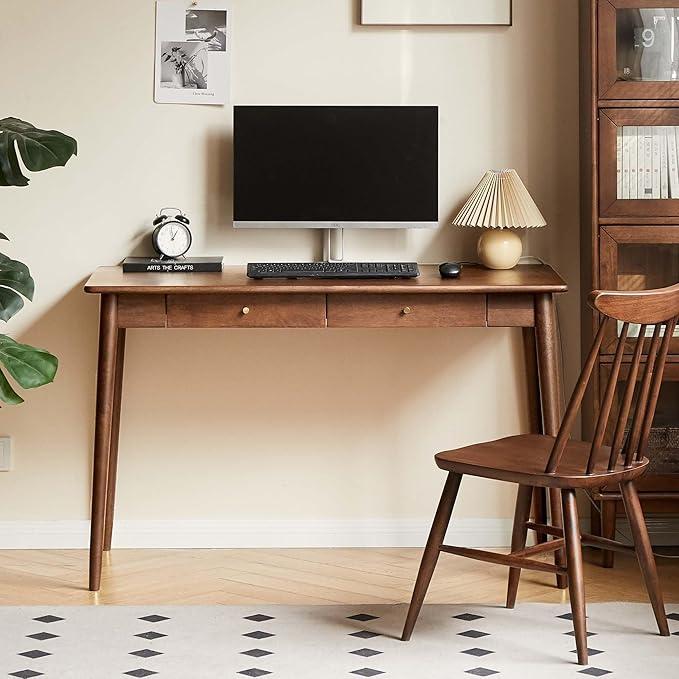 Computer Desk, Solid Wood Desk, Mid Century Modern Home Office, Writing Desk with Drawers for Study Bedroom Living Room
