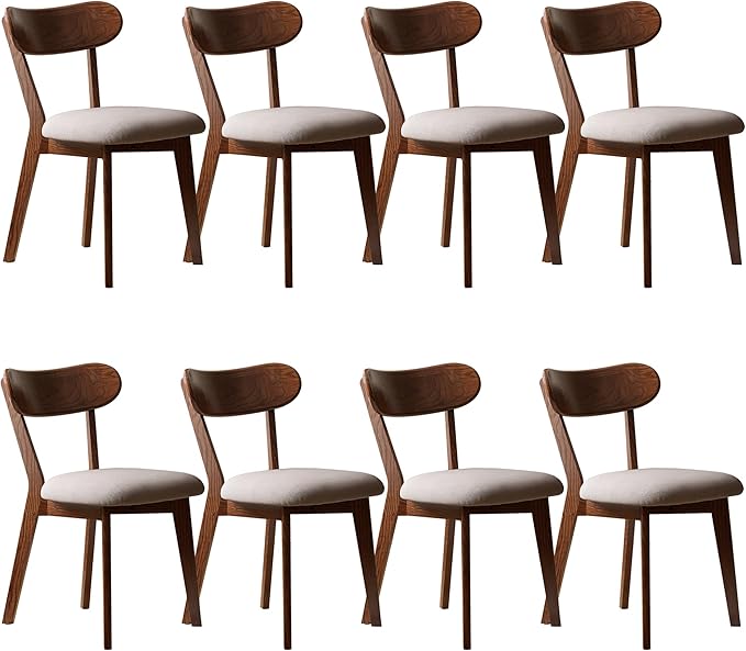 Modern Solid Wood Dining Chair Set of 8, Kitchen Dining Room Chair with Upholstered Cushion and Seat Cover, Curved Backrest, 100% FAS Grade North America Oak Wood, Walnut