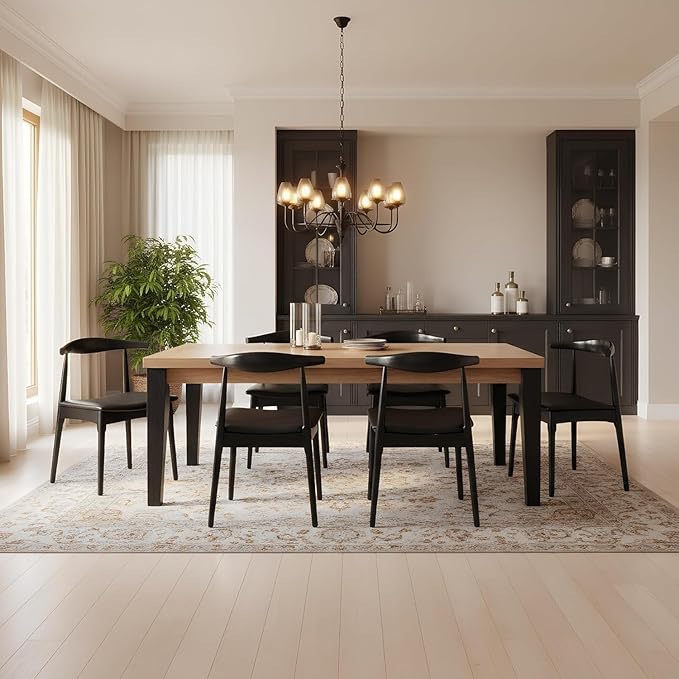 ROCITY Black Dining Chairs Set of 6 Leather Kitchen Chairs with Wood Legs and Barrel Backs, Mid Century Modern Dining Room Chairs