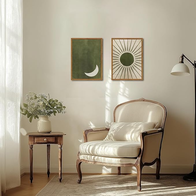 Framed Boho Sun and Moon Canvas Wall Art Set of 2, Vintage Sage Green Bohemian Pictures Wall Decor, Mid Century Modern Abstract Minimalist Paintings Prints for Living Room Bedroom Office 16x24 inch