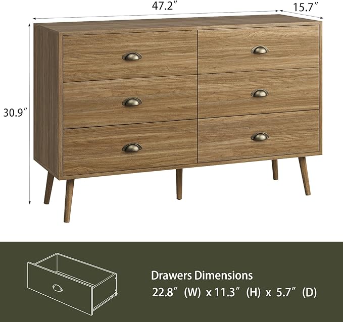 CARPETNAL Dresser for Bedroom Wide Mid Century Modern Chest of Drawers,Wooden Bedroom Dresser with 6 Storage Drawers for Living Room,Oak