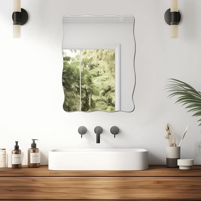DARENYI Bathroom Scalloped Mirror for Wall Decor, 16"x20" Decorative Acrylic Wall Mirror with Wavy Edge Design, Flexible Plastic Stick on Mirror for Bathroom, Hallway, Entryway, Livng Room