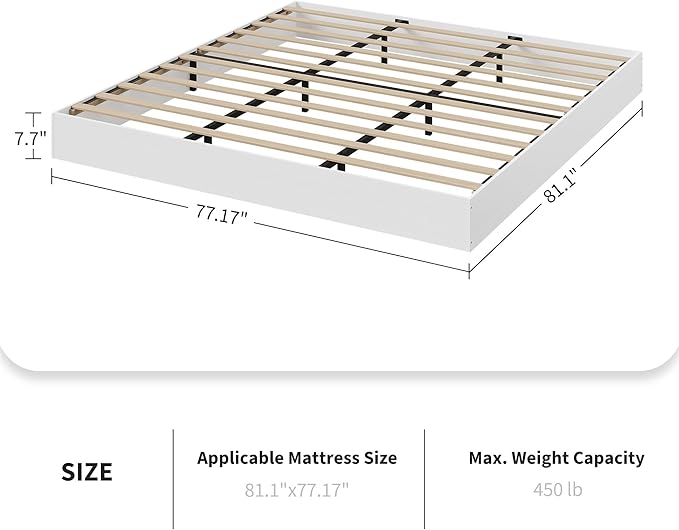 Wood Platform Bed with Sturdy Wooden Slats, King Size Floor-Standing Bed Frame, Modern Minimalist Design Bed Frame, No Box Spring Needed, Easy Assembly, White