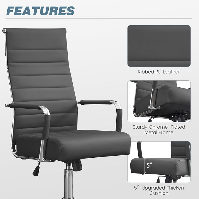 Office Desk Chair, Leather Conference Room Chairs with Wheels and Arms, Modern Ergonomic High Back Executive Ribbed Height Adjustable Swivel Chair for Home Office (Grey)