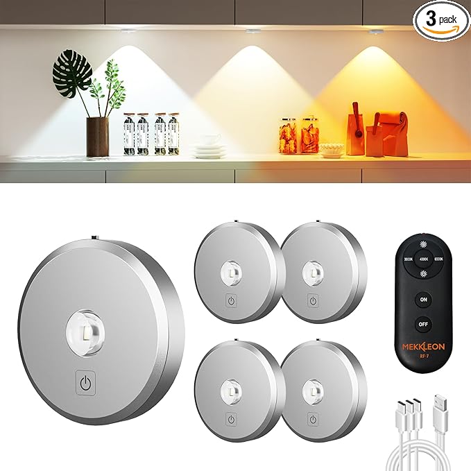 Puck Lights with Remote Control, Rechargeable, Wireless Under Cabinet Lights, 5Pcs (Silver)