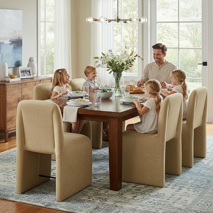 Hyfirm Upholstered Dining Chairs Set of 6,Modern Armless Desk Chair with Metal Footrest for Diningroom Bedroom Livingroom Reading Room,Khaki Fabric