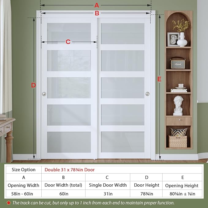 Finosen Bypass Sliding Closet Door Slab, 60 x 80 in (Double 31 inch), 5-Lite Frosted Glass, Barn Door with Hardware Kit Included, Need to Assemble, MDF with PVC Surface, White
